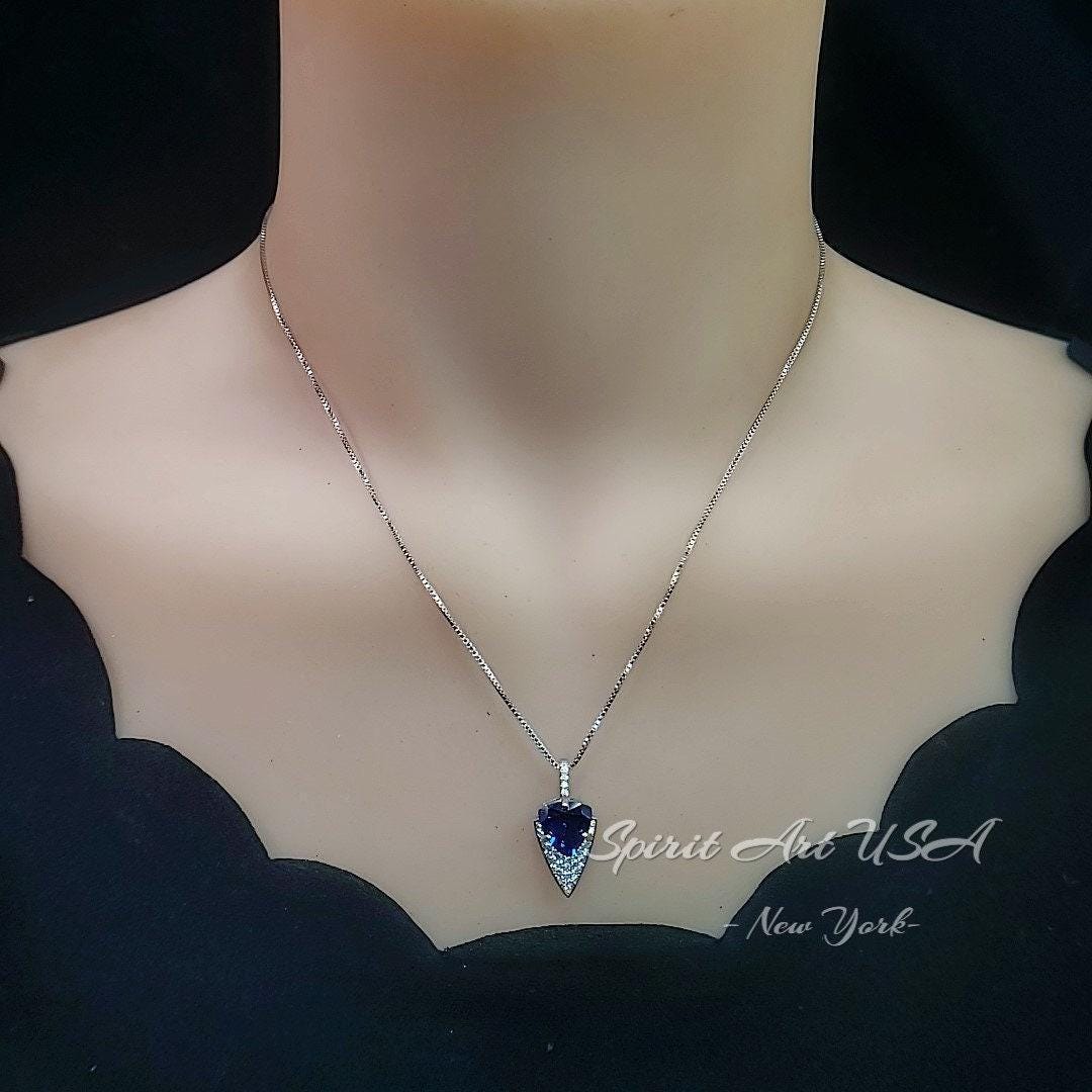 Large Trillion Cut Blue Sapphire Necklace - 18KGP Sterling Silver - Protective Queen's Guard Sword - Sapphire Pendant #768