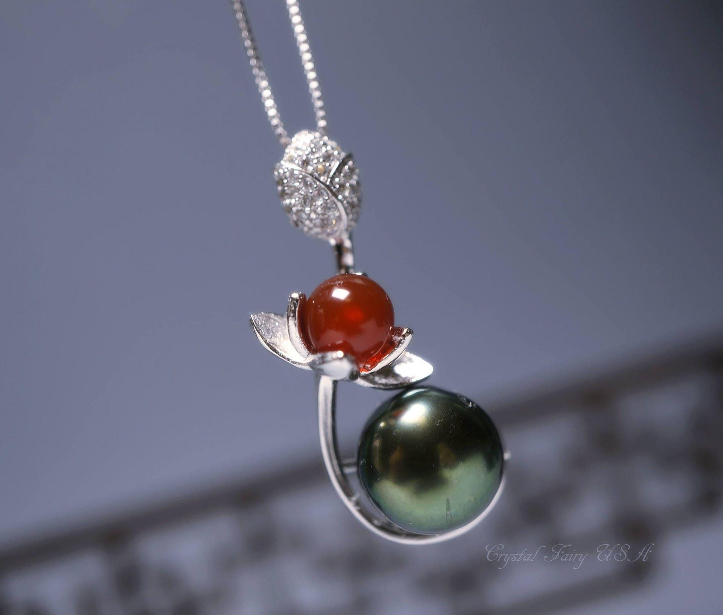 Genuine Black Pearl Necklace, Full Sterling Silver Lotus Flower Tiny Red Carnelian Nekclace Decorated CZ Stone Single Natural Pearl 1065