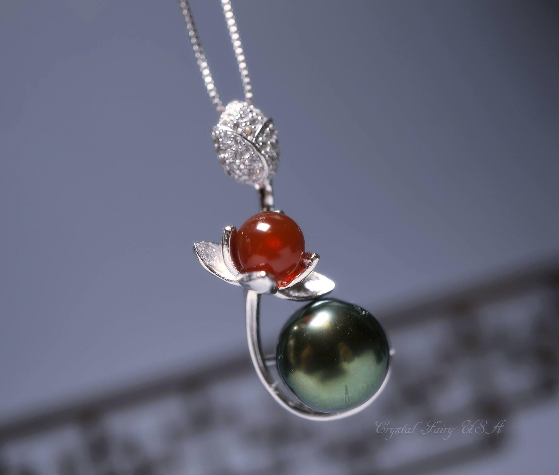 Genuine Black Pearl Necklace, Full Sterling Silver Lotus Flower Tiny Red Carnelian Nekclace Decorated CZ Stone Single Natural Pearl 1065