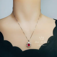 Ruby Flower Necklace - Sterling Silver 3 ct Oval Diamond Red Gemstone Pendant 14k White Gold Plated July Birthstone Gold Surround Style #710