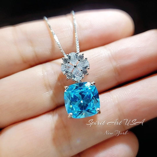 Four leaf clover Blue Topaz Necklace - Cushion Cut 5 CT - Swiss Blue Topaz Pendant - Gemstone Flower Bail - 18KGP @ Sterling Silver #1042