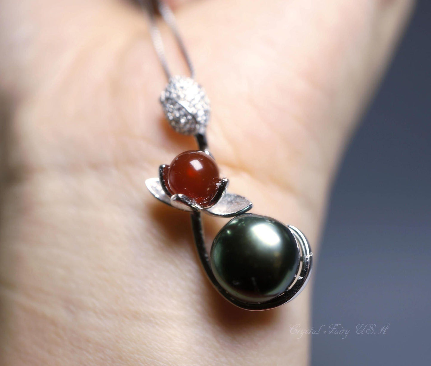 Genuine Black Pearl Necklace, Full Sterling Silver Lotus Flower Tiny Red Carnelian Nekclace Decorated CZ Stone Single Natural Pearl 1065
