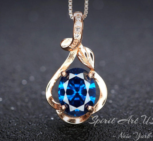 Rose Gold Blue Sapphire Necklace Sterling Silver Flower Petal 2 CT Blue Sapphire Pendant #166