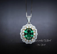 Double Halo Emerald Necklace - Green Emerald Pendant - 18kgp @ Sterling Silver - May Birthstone - Emerald Jewelry #593
