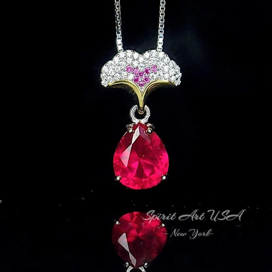 Ruby Necklace - Ginkgo biloba Pendant - 18kgp @ Sterling Silver - Large Teardrop Pear 3.5 CT Red Ruby - Gemstone Leaf Jewelry #867