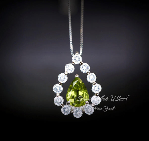 Natural Teardrop Peridot Necklace Dainty Genuine Green Peridot Pendant Gemstone Rounded Halo Green Gemstone August Birthstone Jewelry #499