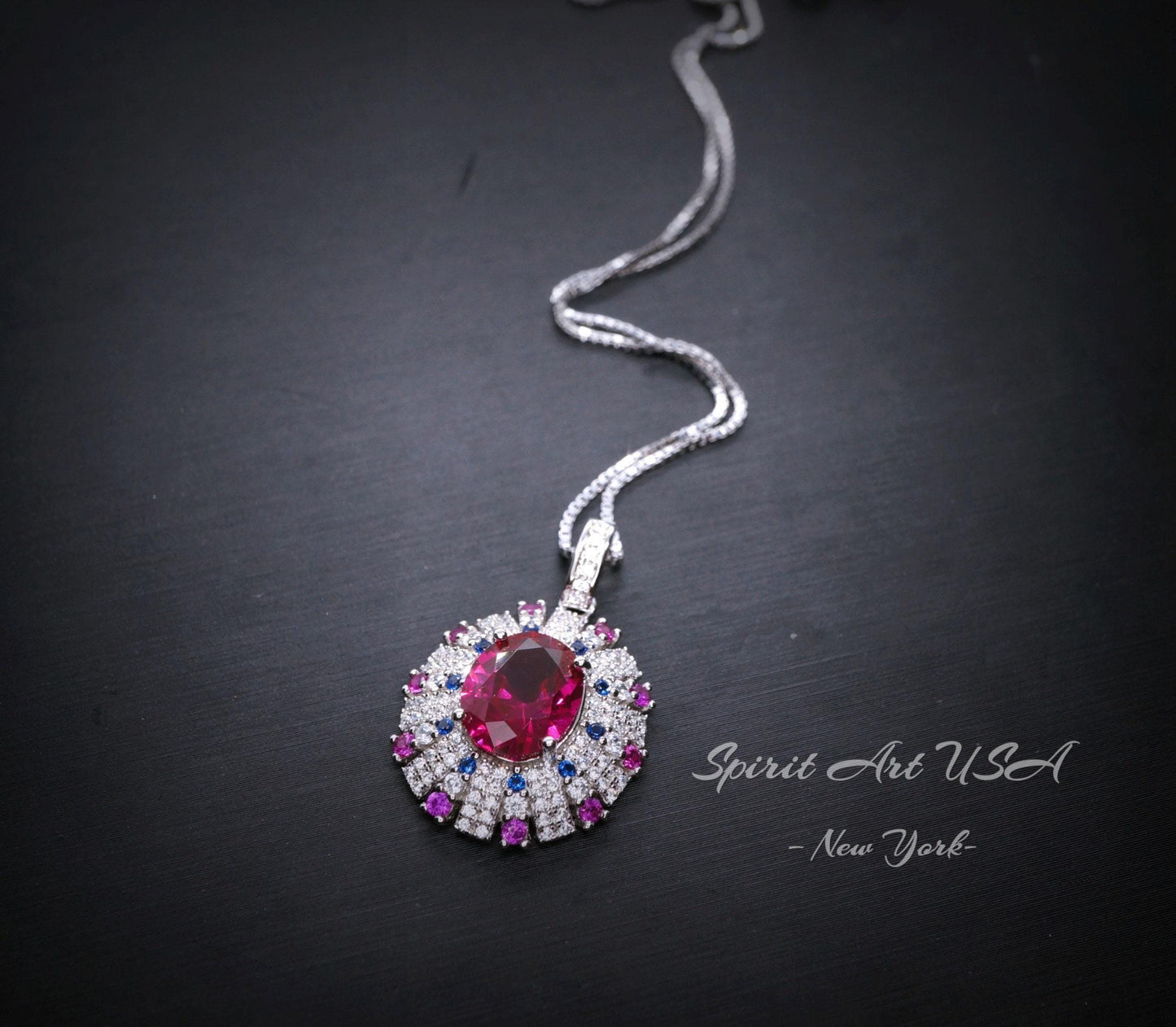 Luxury Radiant Red Ryby Necklace - Source Light Style - 18kgp @ Sterling Silver - Exclusive Design 2.8 CT Ruby Pendant #901