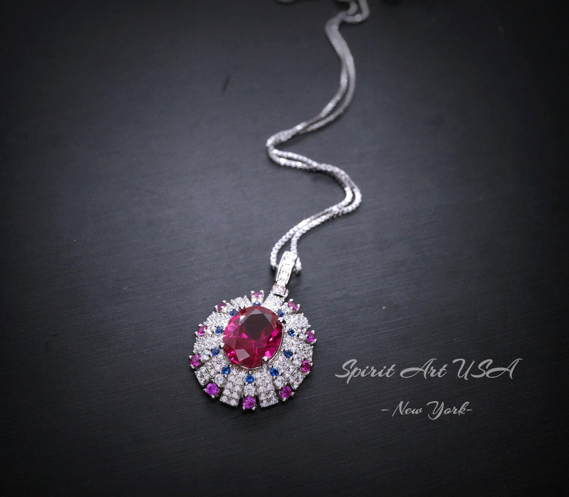 Luxury Radiant Red Ryby Necklace - Source Light Style - 18kgp @ Sterling Silver - Exclusive Design 2.8 CT Ruby Pendant #901