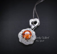 Orange Sunstone Necklace Rose Flower Style - 18kgp Sterling Silver - Dainty Round Cut Gemstone Halo Spessartite Garnet Pendant #400