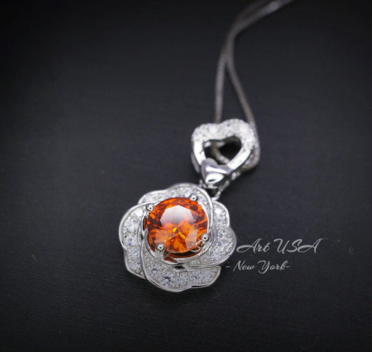 Orange Sunstone Necklace Rose Flower Style - 18kgp Sterling Silver - Dainty Round Cut Gemstone Halo Spessartite Garnet Pendant #400