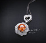 Orange Sunstone Necklace Rose Flower Style - 18kgp Sterling Silver - Dainty Round Cut Gemstone Halo Spessartite Garnet Pendant #400