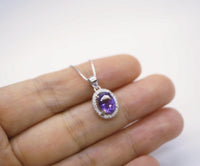 Sterling Silver Halo Natural Amethyst Necklace - Crown Chakra Healing Genuine Salitaire Oval Amethyst Pendant 1080