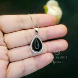 Large Natural Black Onyx Necklace - Root Chakra Healing - Sterling Silver Genuine Teardrop Gemstone Halo Black Onyx Pendant #932