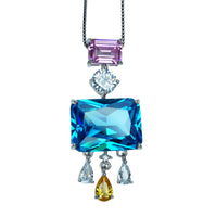 Geometric Scissor Blue Topaz Necklace - Sterling Silver Tassel Dangle Blue Topaz Pendant - White Gold coated #909