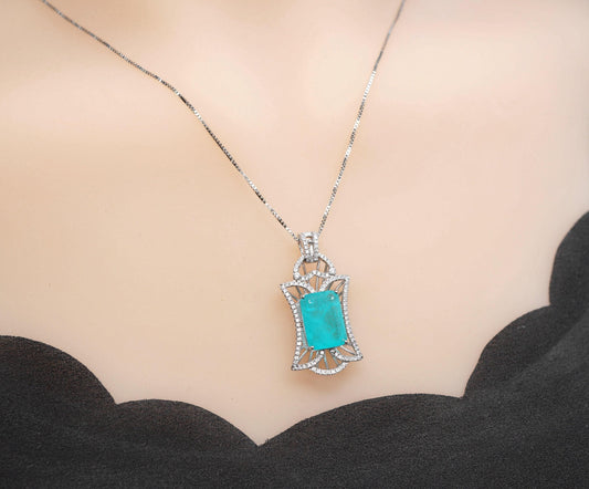Large Paraiba Necklace - Sterling Silver Gemstone Square Royal Flower Pendant Blue Paraiba Tourmaline Pendant Jewelry #733
