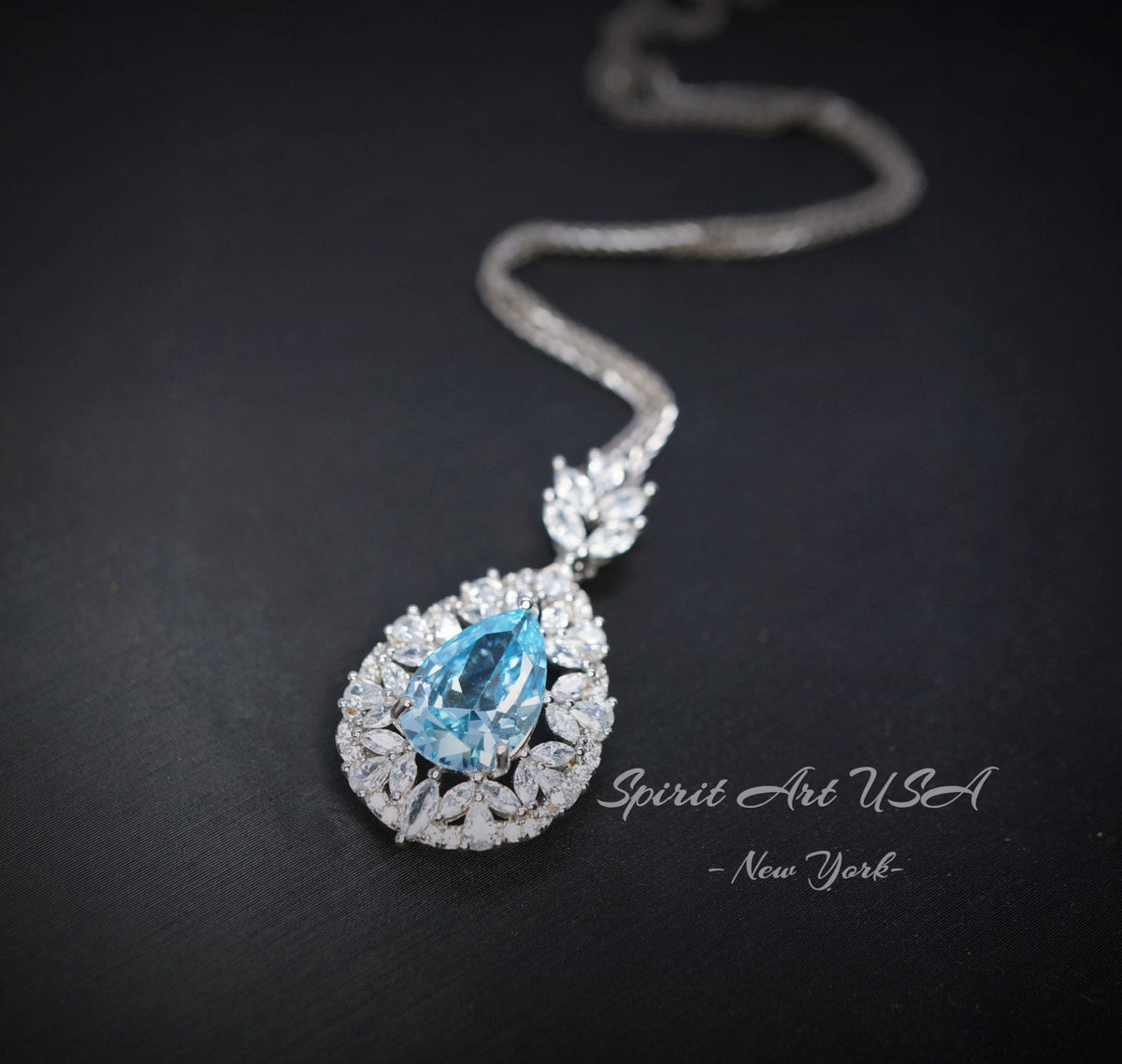 Sky Blue Aquamarine Necklace - 18KGP @ Sterling Silver - Gemstone Wheat Necklace - Teardrop Aquamarine Pendant - March Birthstone #861