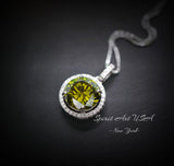 Round Peridot Necklace - Sterling Silver Solitaire Halo Gemstone 3.5 CT Green Gemstone Pendant August Birthstone Jewelry #199