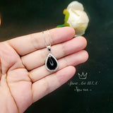 Large Natural Black Onyx Necklace - Root Chakra Healing - Sterling Silver Genuine Teardrop Gemstone Halo Black Onyx Pendant #932