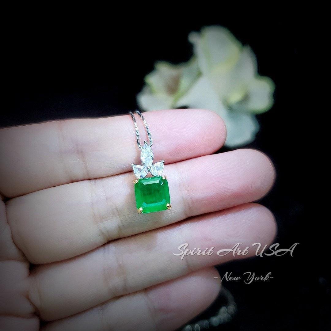 Square Cut Emerald Necklace ‐ May Birthstone Jewelry, 18K Gold Plated Sterling Silver Pendant, Chain Gift #462