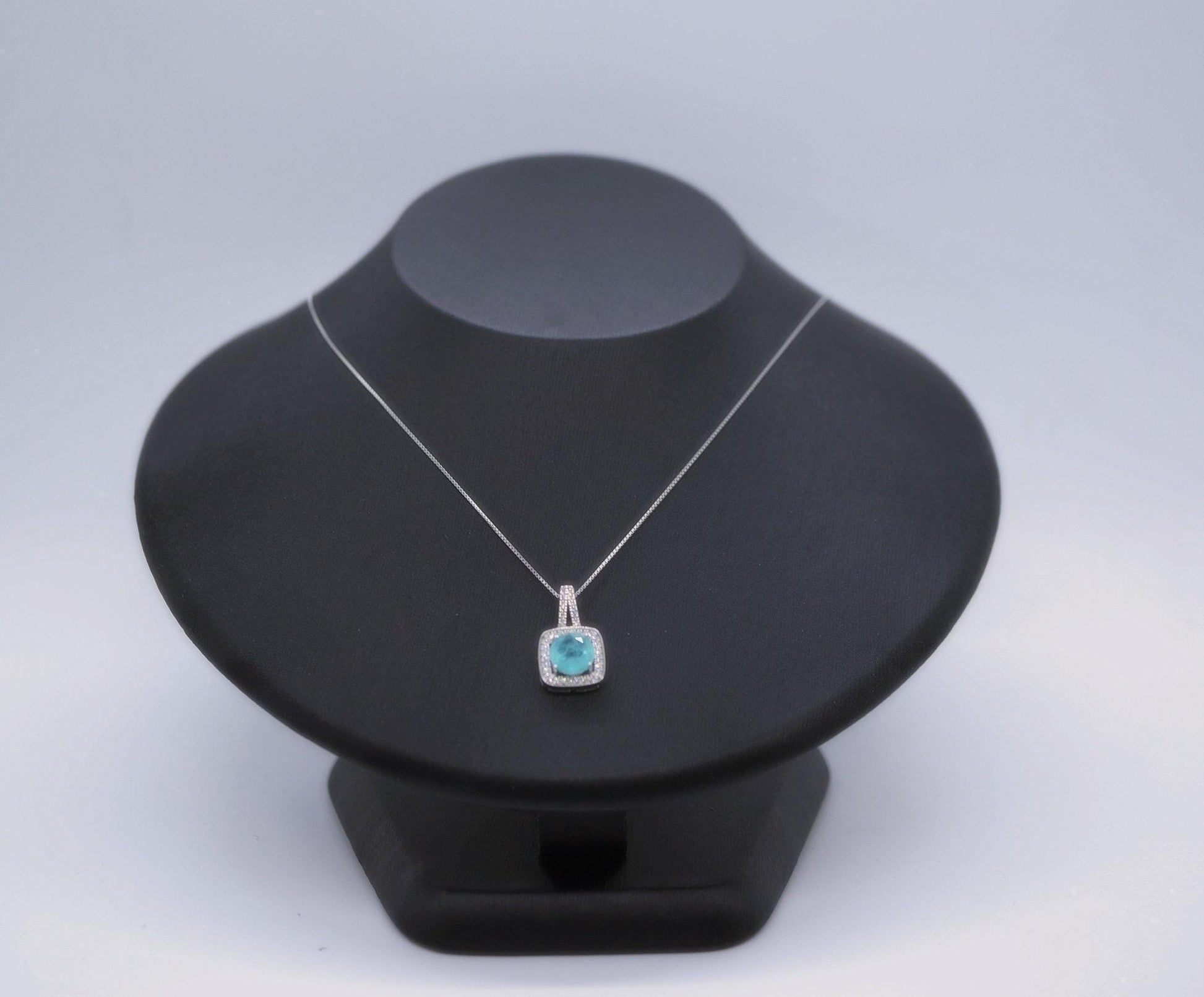 Square Blue Paraiba Tourmaline Necklace Sterling Silver 8 mm Round Paraiba Gemstone Pendant #007