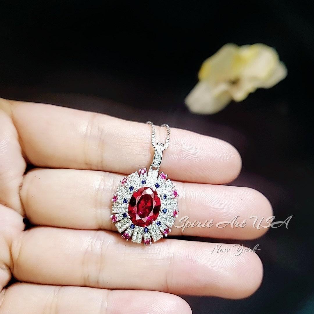 Luxury Radiant Red Ryby Necklace - Source Light Style - 18kgp @ Sterling Silver - Exclusive Design 2.8 CT Ruby Pendant #901