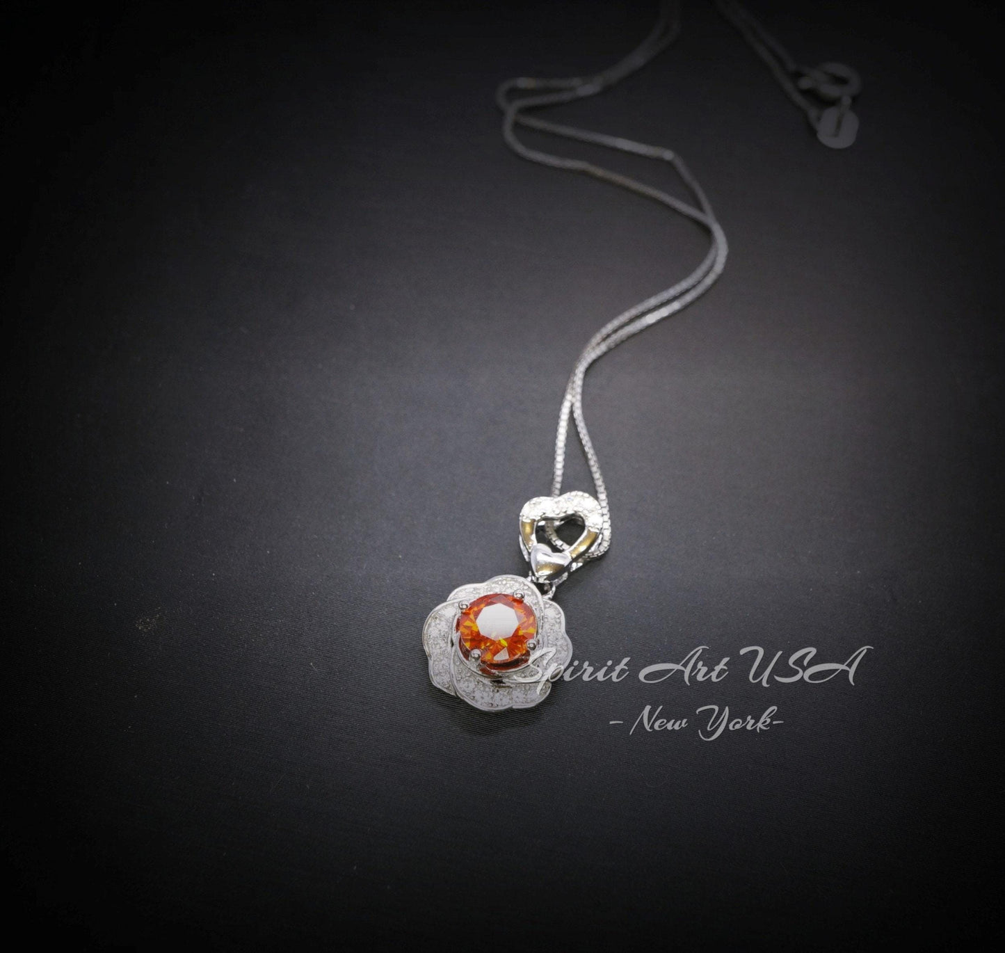 Orange Sunstone Necklace Rose Flower Style - 18kgp Sterling Silver - Dainty Round Cut Gemstone Halo Spessartite Garnet Pendant #400