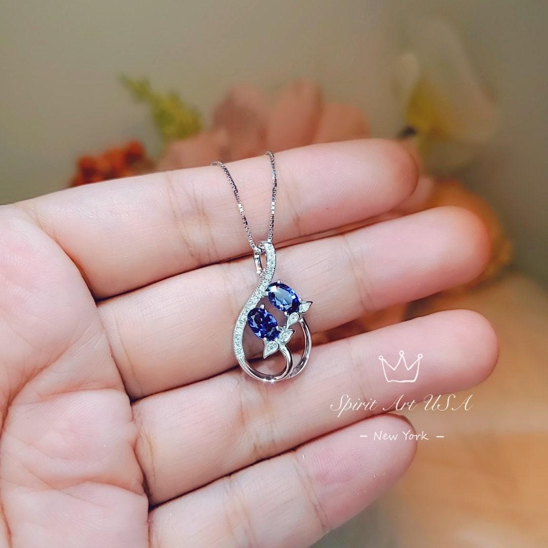 Tanzanite Necklace - Sterling Silver Leaf Double Stone December Birthstone Tiny Deliciated Lab Created Tanzanite Pendant #345