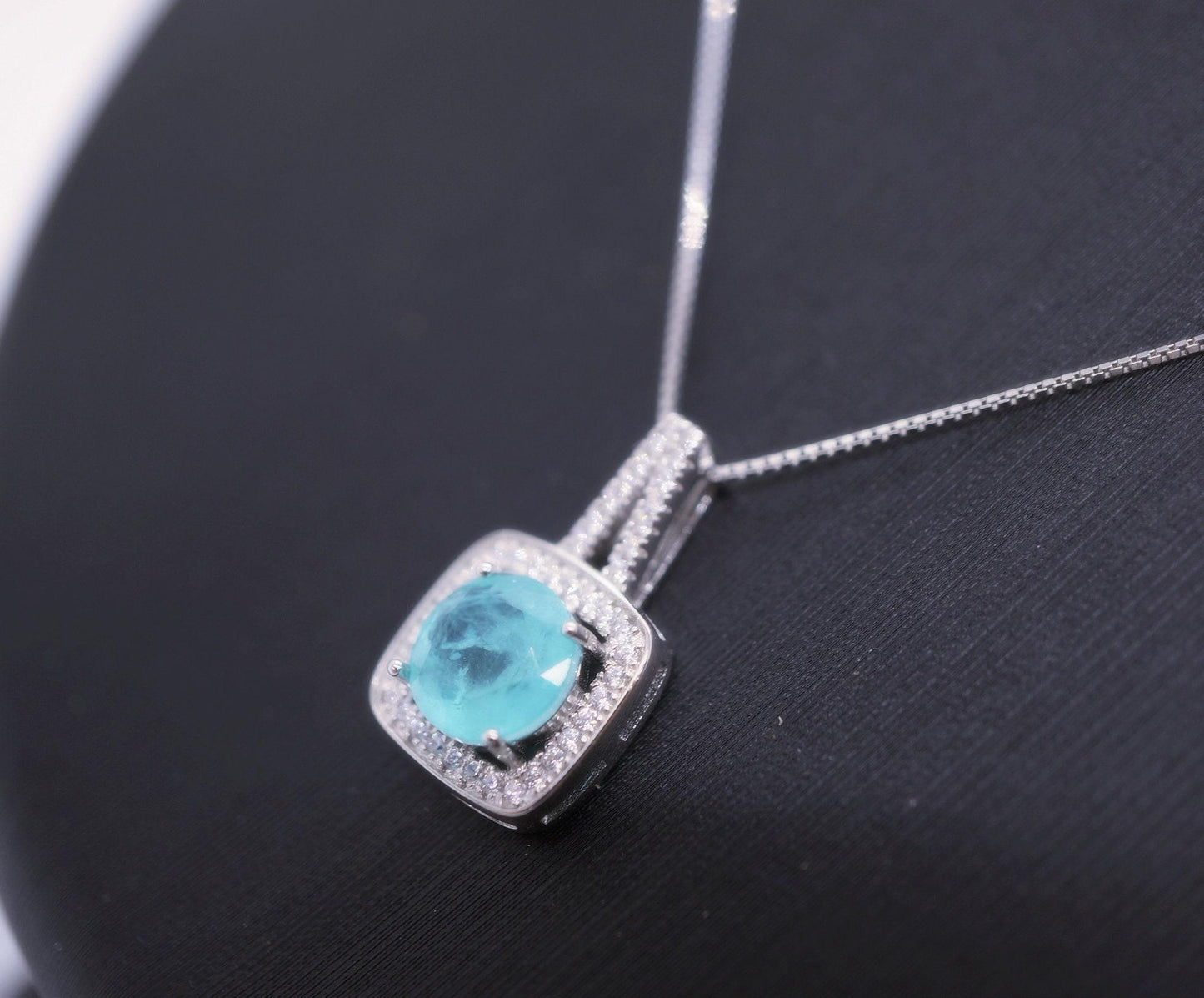 Square Blue Paraiba Tourmaline Necklace Sterling Silver 8 mm Round Paraiba Gemstone Pendant #007