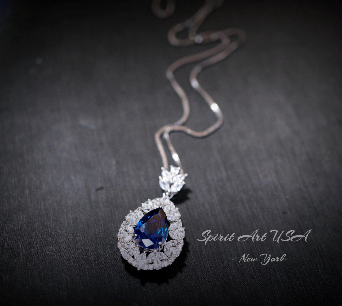 Sapphire Necklace Wheat Style Teardrop Pear 18KGP Sterling Silver - 3 CT Blue Sapphire Pendant - Gemstone Flower September Birthstone #908