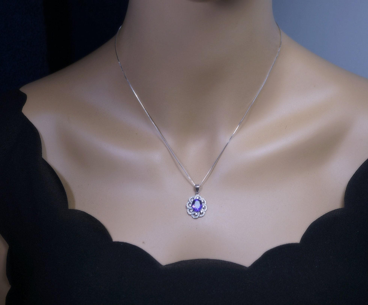 Genuine Amethyst Necklace Sterling Silver Sim Gemstone Flower White Gold Coated Natural Purple Gemstone February Birthstone Jewelry #456