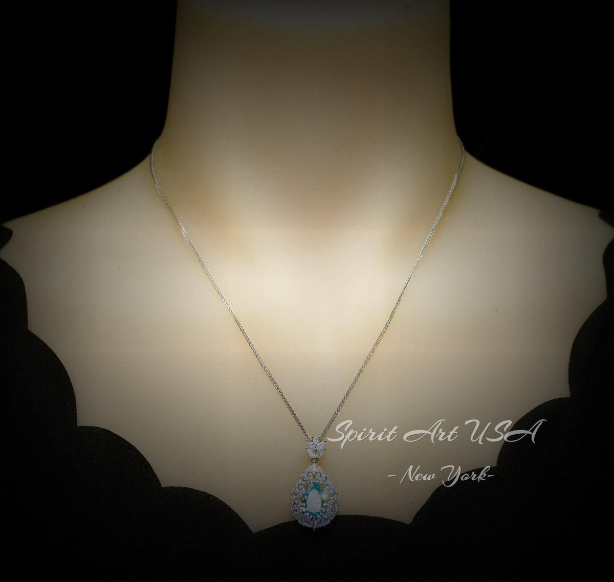 Sky Blue Aquamarine Necklace - 18KGP @ Sterling Silver - Gemstone Wheat Necklace - Teardrop Aquamarine Pendant - March Birthstone #861