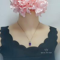 Created synthetic Amethyst Necklace - Diamond Crown 6 CT Amethyst Pendant - Sterling Silver White Gold Plated Large Purple Jewelry #657
