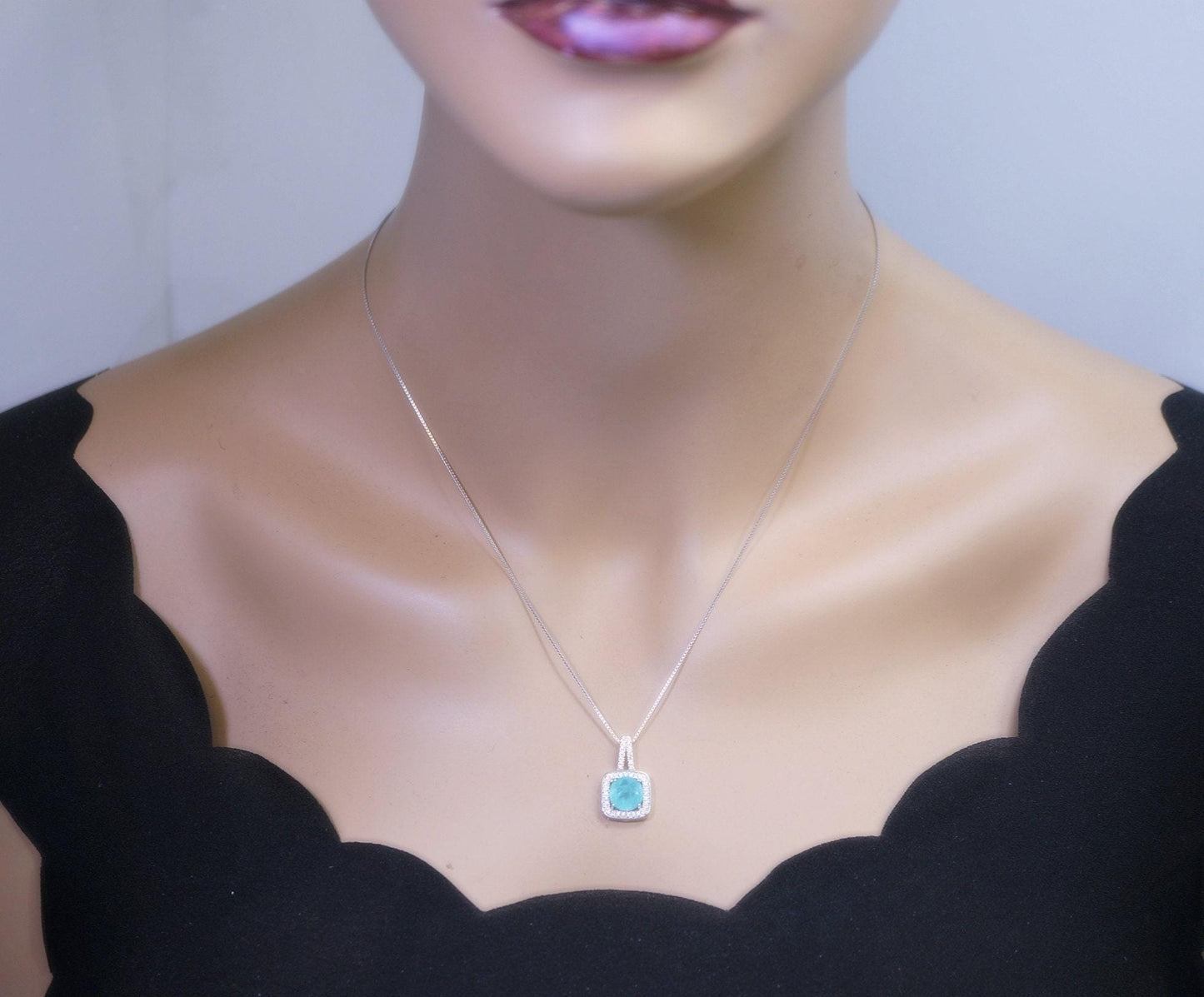 Square Blue Paraiba Tourmaline Necklace Sterling Silver 8 mm Round Paraiba Gemstone Pendant #007