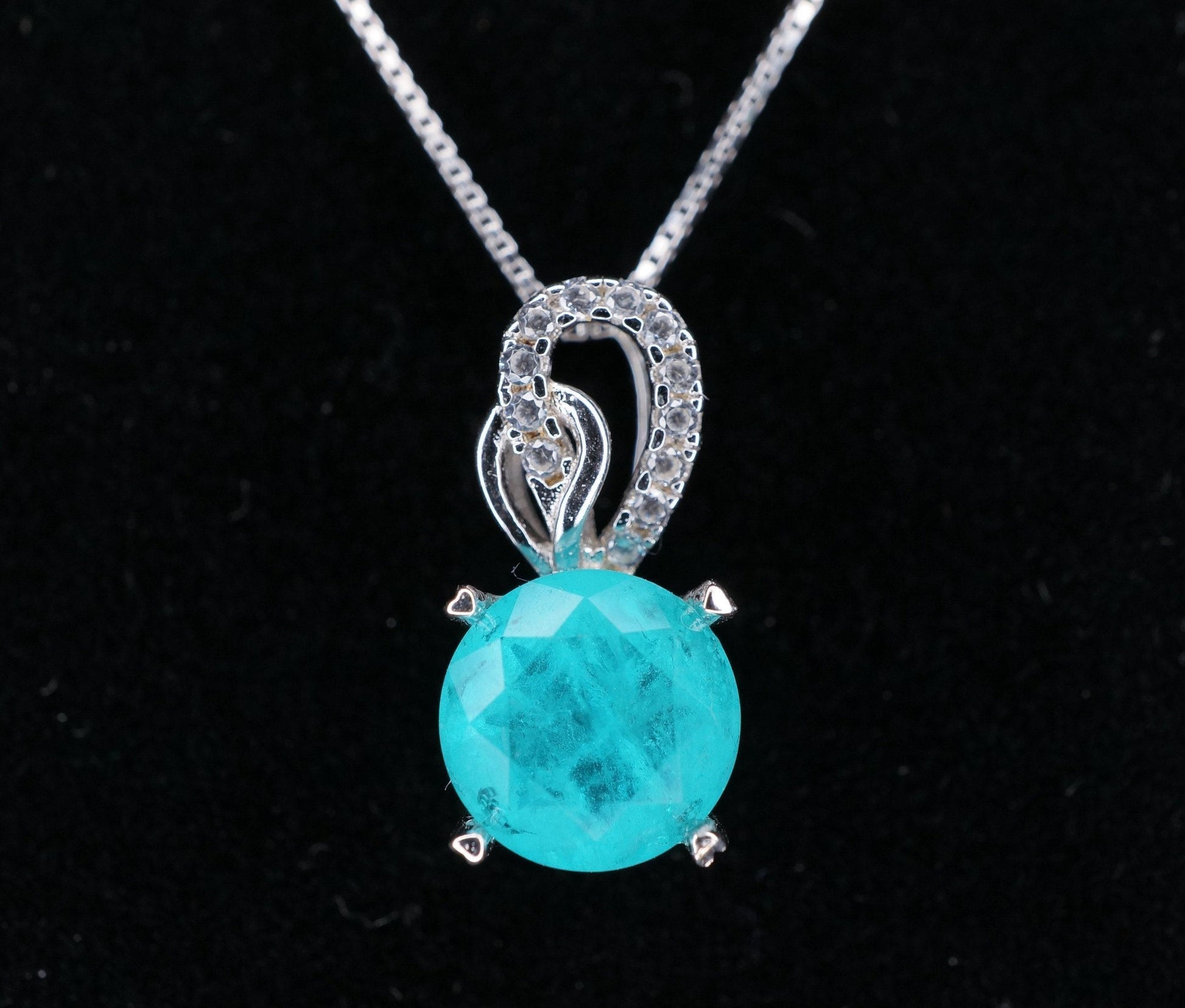 Sterling Silver Round Paraiba Necklace - 8 mm 2 CT Blue Gemstone Pendant Paraiba Tourmaline Necklace #009