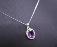 Sterling Silver Halo Natural Amethyst Necklace - Crown Chakra Healing Genuine Salitaire Oval Amethyst Pendant 1080