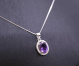 Sterling Silver Halo Natural Amethyst Necklace - Crown Chakra Healing Genuine Salitaire Oval Amethyst Pendant 1080