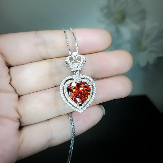 Large Double Halo Heart Sunstone Necklace Diamond Red Orange Jewelry Royal Crown 7CT created Synthetic pendant 18KGP Sterling Silver 801