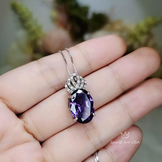 Created synthetic Amethyst Necklace - Diamond Crown 6 CT Amethyst Pendant - Sterling Silver White Gold Plated Large Purple Jewelry #657