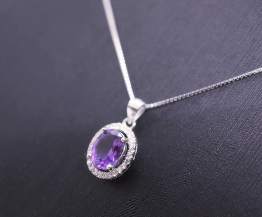 Sterling Silver Halo Natural Amethyst Necklace - Crown Chakra Healing Genuine Salitaire Oval Amethyst Pendant 1080