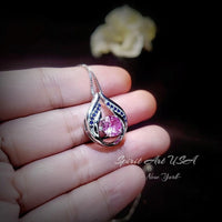 Pink Tourmaline Necklace - Hold Your Heart Pendant - 18KGP @ Sterling Silver - Blue Sapphire Style - Round Cut Pink Tourmaline Pendant #594