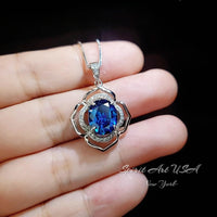 Large Blue Sapphire Necklace - 18kgp Sterling Silver - Flower Of Life Necklace - 4 Ct Solitaire Halo Blue Sapphire Pendant #563