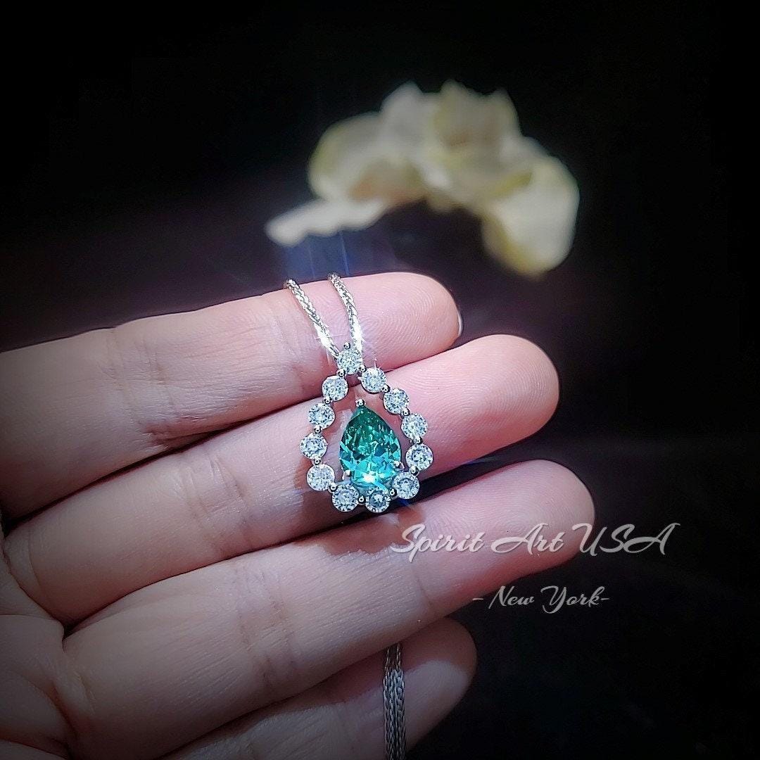 Green Paraiba Necklace - 18KGP @ Sterling Silver - 2.5 CT - Gemstone Halo Teardrop Green Paraiba Tourmaline Necklace #969