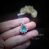 Green Paraiba Necklace - 18KGP @ Sterling Silver - 2.5 CT - Gemstone Halo Teardrop Green Paraiba Tourmaline Necklace #969