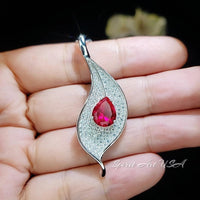 Ruby Necklace - Large Single Gemstone Leaf Necklace - 18KGP @ Sterling Silver - 3 CT Teardrop Red Ruby Jewelry - Large Ruby Pendant #894