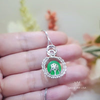 10mm Green Jade Necklace Diamond Triple Circle Green Jade Pendant White Gold Plated Sterling Silver 1051