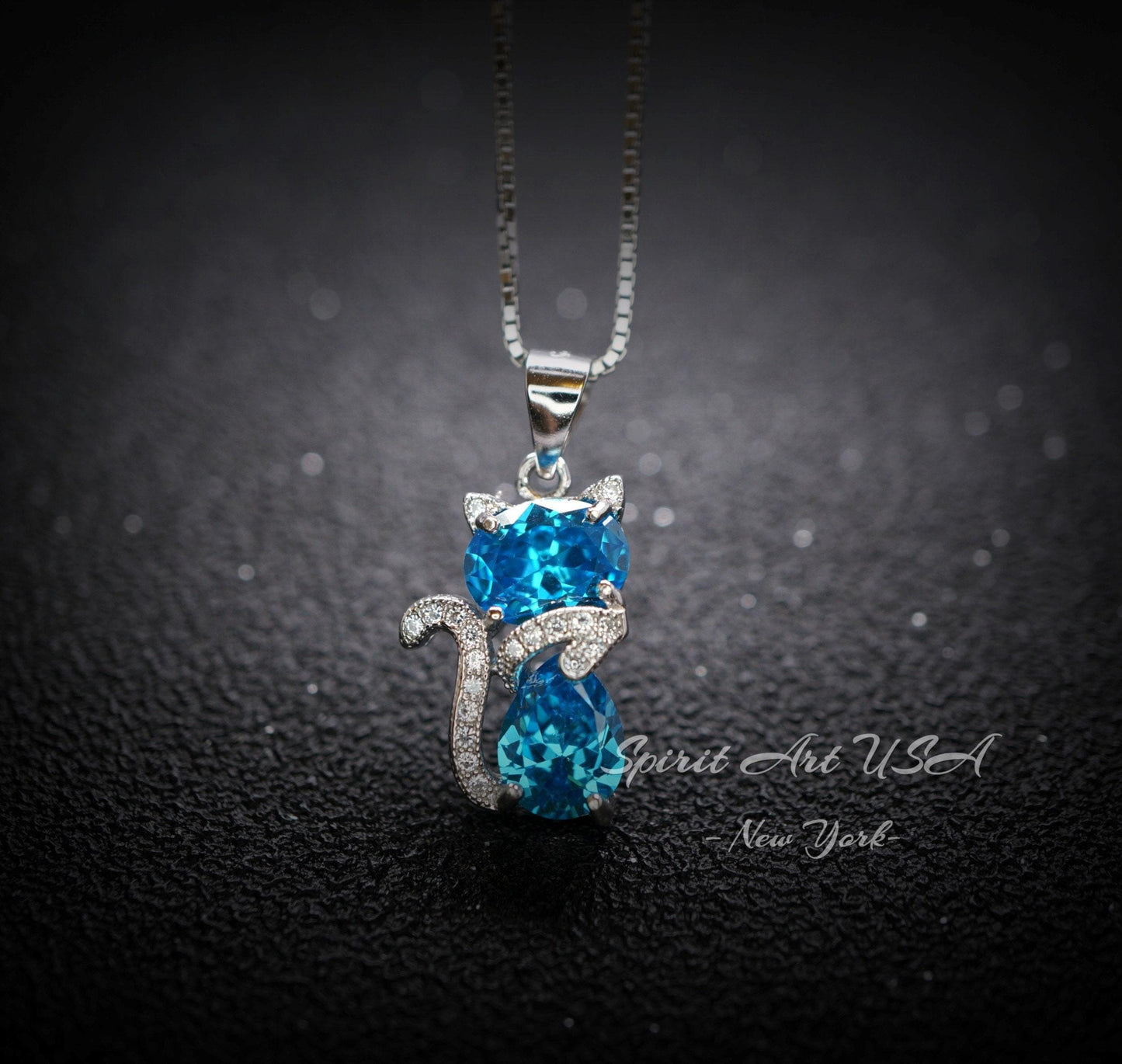 Cat Blue Topaz Necklace, Kitty Cat Swiss Blue Topaz Pendant Gemstone White Gold Plated Sterling Silver Pets Lover Jewelry #216