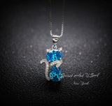 Cat Blue Topaz Necklace, Kitty Cat Swiss Blue Topaz Pendant Gemstone White Gold Plated Sterling Silver Pets Lover Jewelry #216