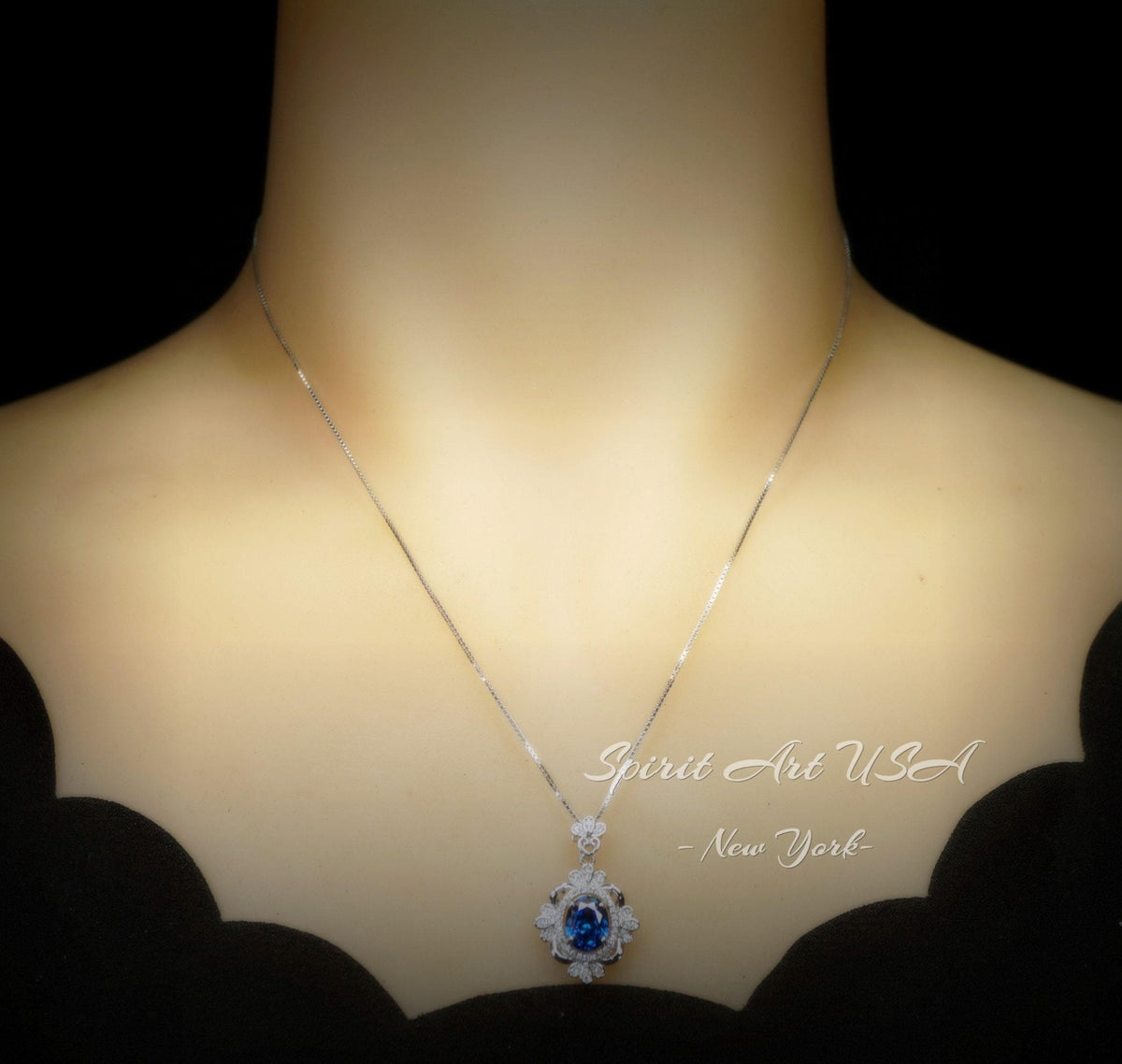 Blue Sapphire Necklace - Gemstone Flower White Gold Coated Sterling Silver 2.5 Ct September Birthstone Royal Solitaire Artist Design #648