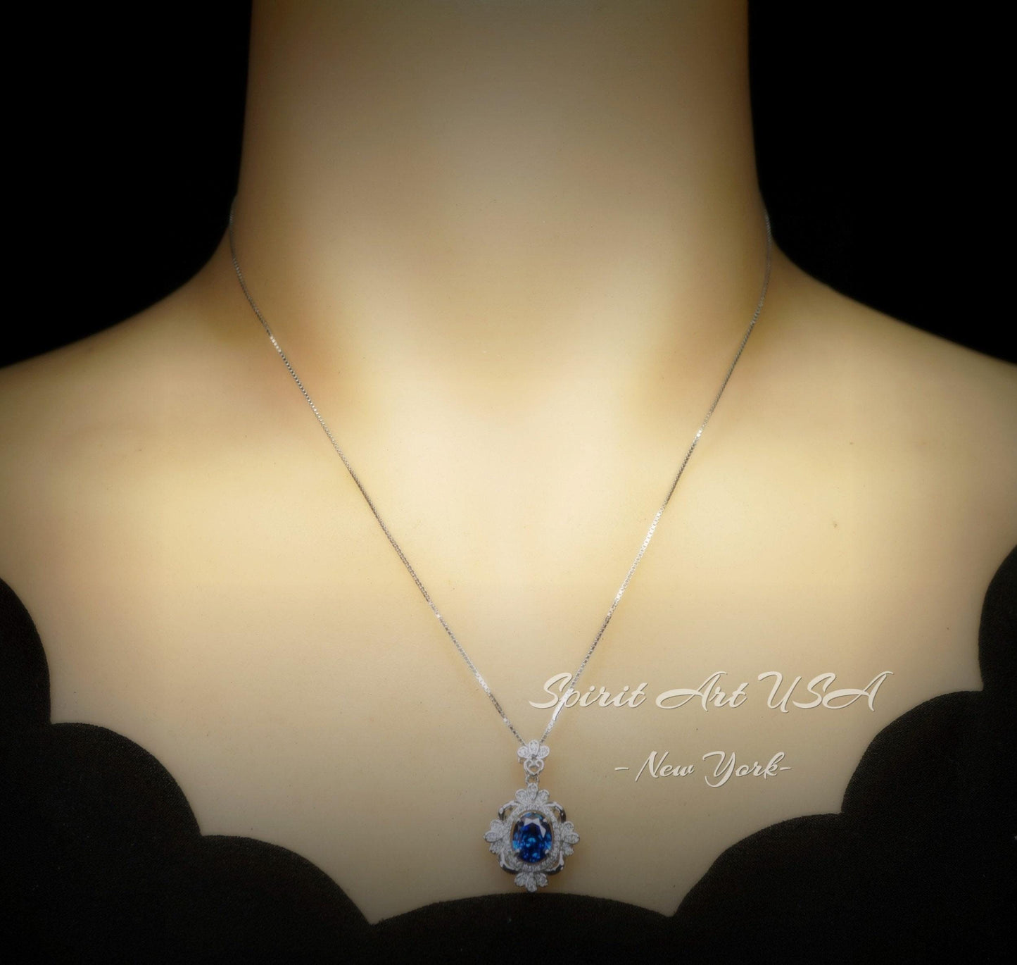 Blue Sapphire Necklace - Gemstone Flower White Gold Coated Sterling Silver 2.5 Ct September Birthstone Royal Solitaire Artist Design #648