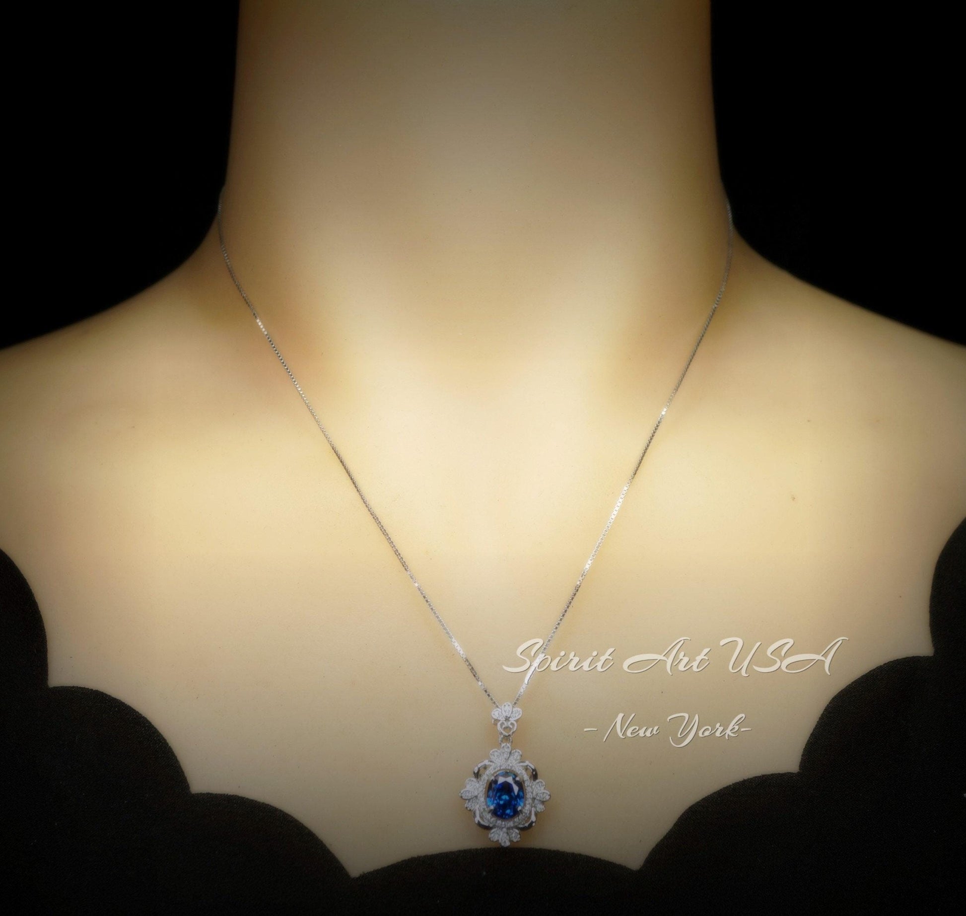 Blue Sapphire Necklace - Gemstone Flower White Gold Coated Sterling Silver 2.5 Ct September Birthstone Royal Solitaire Artist Design #648
